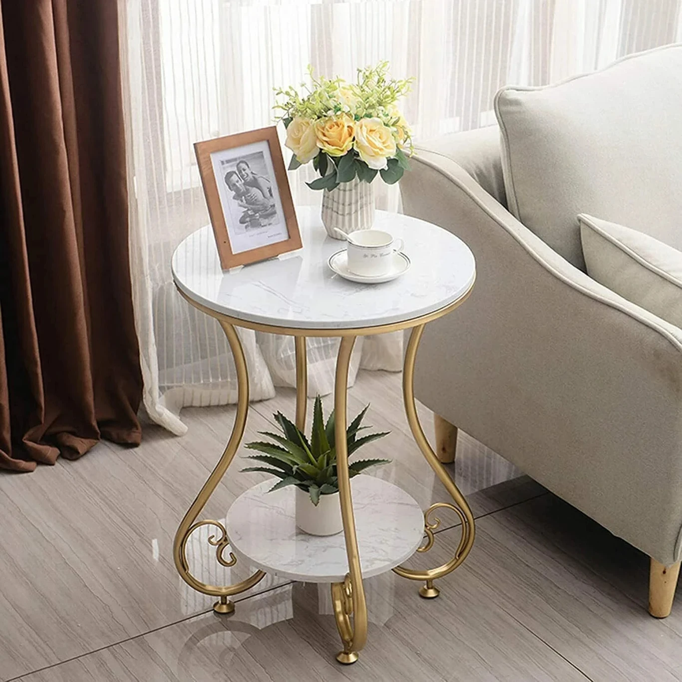 Round Side Table Gold Metal Frame, 2 Tier Coffee Table For Living Room